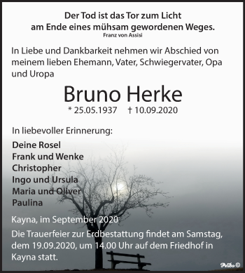 Traueranzeige von Bruno Herke von Mitteldeutsche Zeitung Zeitz