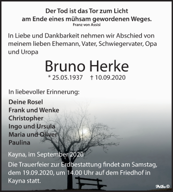 Traueranzeige von Bruno Herke von Super Sonntag Zeitz