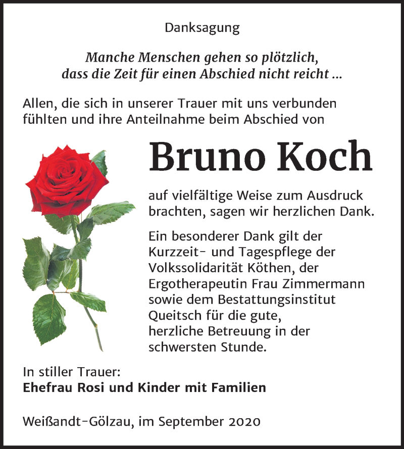  Traueranzeige für Bruno Koch vom 12.09.2020 aus Mitteldeutsche Zeitung Köthen