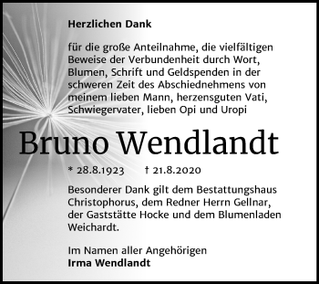 Traueranzeige von Bruno Wendlandt von Mitteldeutsche Zeitung Halle/Saalkreis