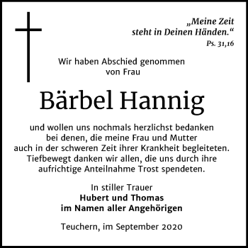 Traueranzeige von Bärbel Hannig von Super Sonntag Weißenfels