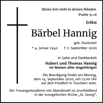 Traueranzeige von Bärbel Hannig von Mitteldeutsche Zeitung Weißenfels