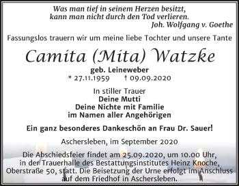 Traueranzeige von Camita Watzke von Super Sonntag Aschersleben