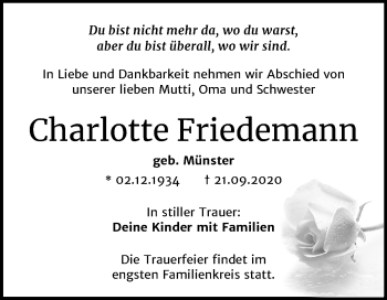 Traueranzeige von Charlotte Friedemann von Mitteldeutsche Zeitung Dessau-Roßlau