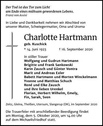 Traueranzeige von Charlotte Hartmann von Mitteldeutsche Zeitung Zeitz