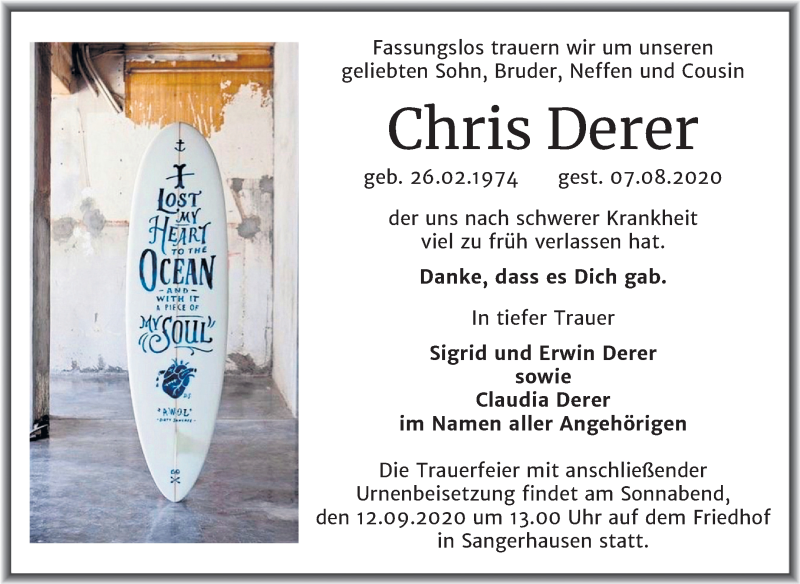  Traueranzeige für Chris Derer vom 05.09.2020 aus Super Sonntag Sangerhausen