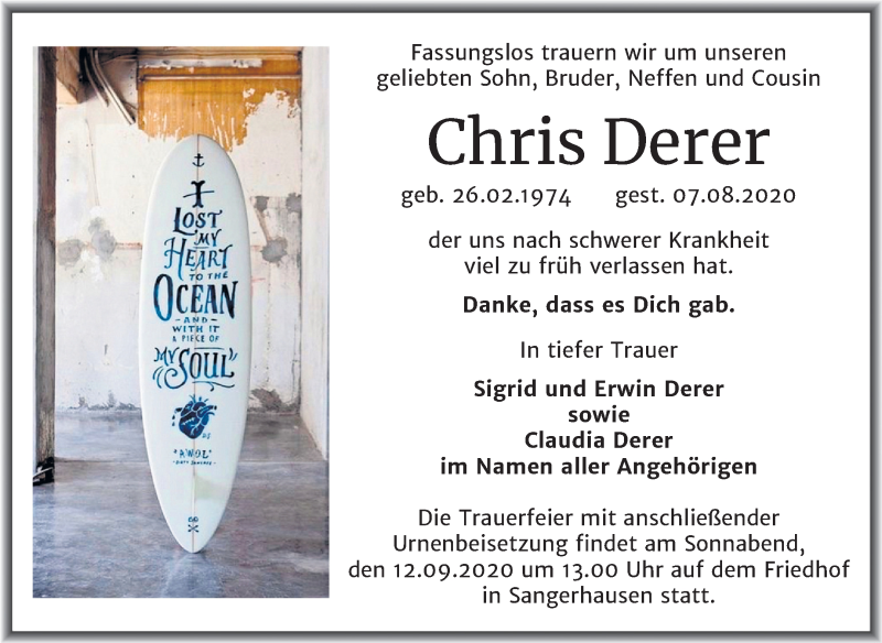  Traueranzeige für Chris Derer vom 04.09.2020 aus Mitteldeutsche Zeitung Sangerhausen