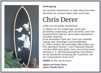 Traueranzeige von Chris Derer von Mitteldeutsche Zeitung Sangerhausen