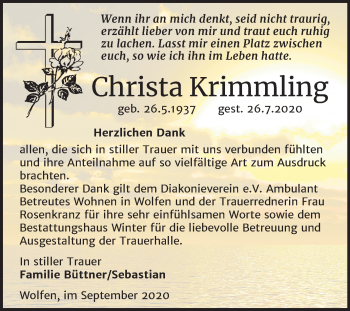 Traueranzeige von Christa Krimmling von Wochenspiegel Bitterfeld