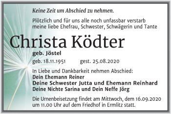 Traueranzeige von Christa Ködter von Mitteldeutsche Zeitung Merseburg/Querfurt