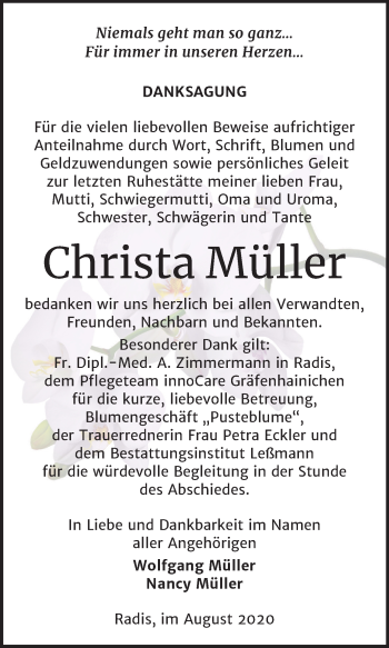 Traueranzeige von Christa Müller von Super Sonntag Wittenberg