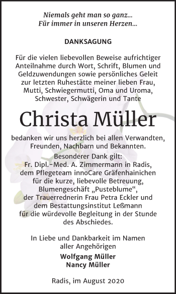 Traueranzeige von Christa Müller von Mitteldeutsche Zeitung Wittenberg