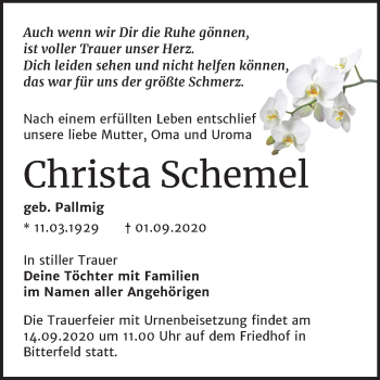 Traueranzeige von Christa Schemel von Wochenspiegel Bitterfeld