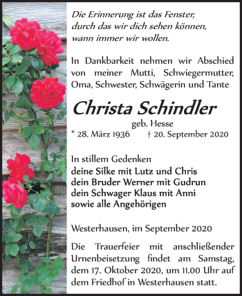 Traueranzeige von Christa Schindler von Super Sonntag Quedlinburg