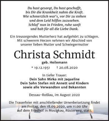 Traueranzeige von Christa Schmidt von Mitteldeutsche Zeitung Dessau-Roßlau