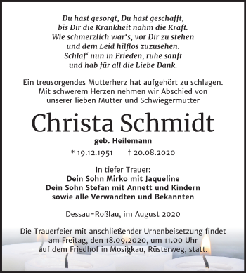 Traueranzeige von Christa Schmidt von Super Sonntag Dessau-Roßlau