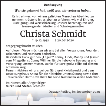 Traueranzeige von Christa Schmidt von Super Sonntag Dessau-Roßlau