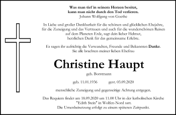 Traueranzeige von Christine Haupt von Mitteldeutsche Zeitung Bitterfeld