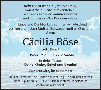 Traueranzeige von Cäcilia Böse von Mitteldeutsche Zeitung Wittenberg