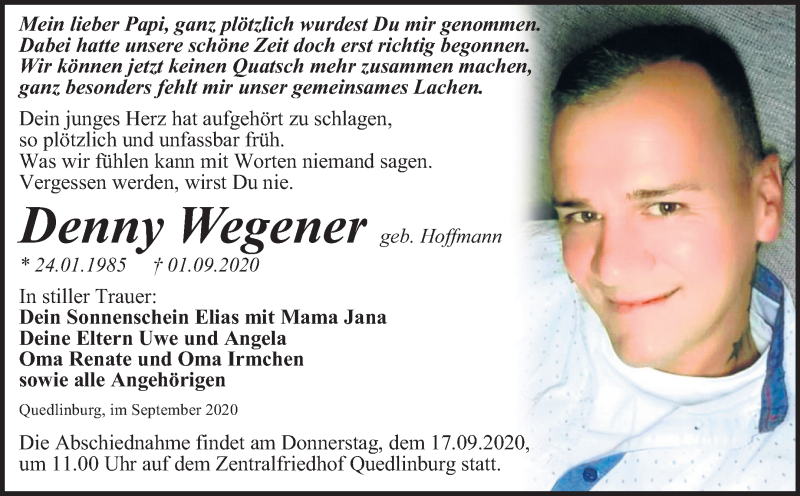  Traueranzeige für Denny Wegener vom 12.09.2020 aus Super Sonntag Quedlinburg