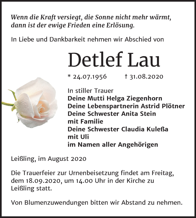  Traueranzeige für Detlef Lau vom 05.09.2020 aus Mitteldeutsche Zeitung Weißenfels