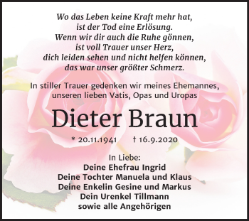 Traueranzeige von Dieter Braun von Wochenspiegel Weißenfels