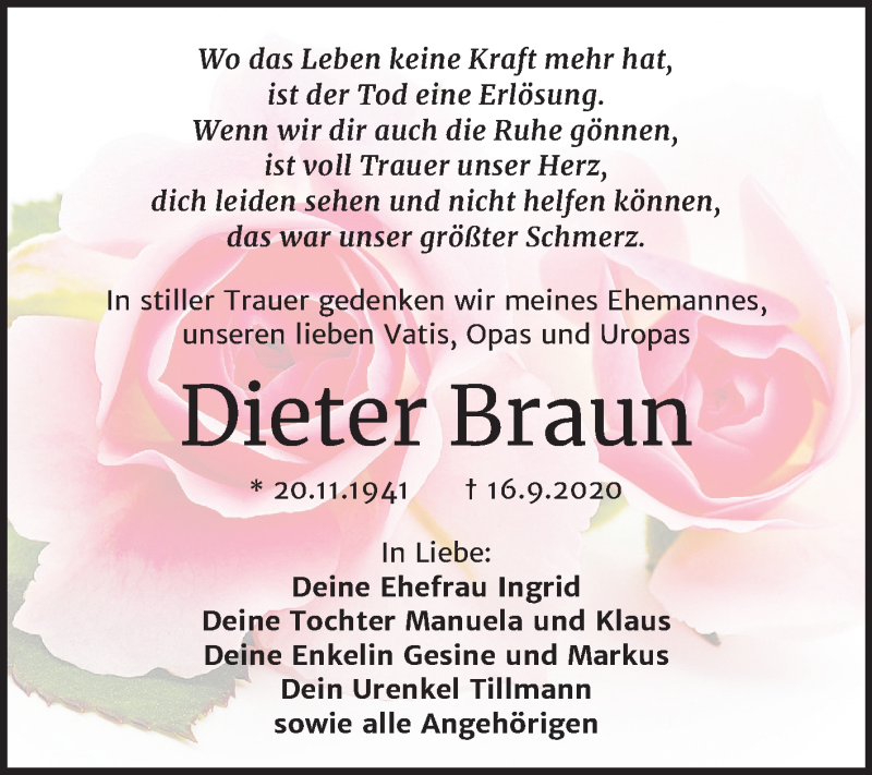  Traueranzeige für Dieter Braun vom 26.09.2020 aus Mitteldeutsche Zeitung Weißenfels