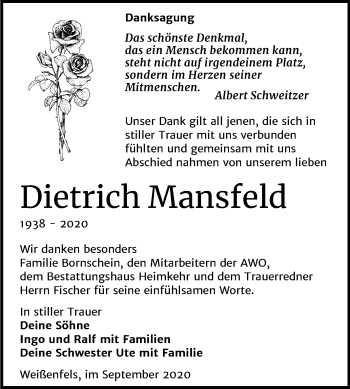 Traueranzeige von Dietrich Mansfeld von Mitteldeutsche Zeitung Weißenfels