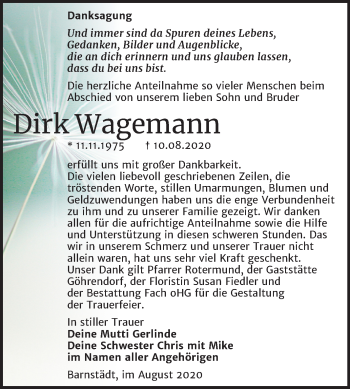 Traueranzeige von Dirk Wagemann von Mitteldeutsche Zeitung Merseburg/Querfurt