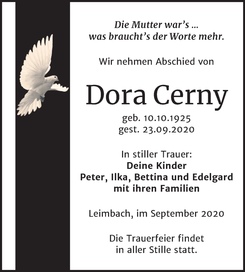  Traueranzeige für Dora Cerny vom 29.09.2020 aus Mitteldeutsche Zeitung Merseburg/Querfurt