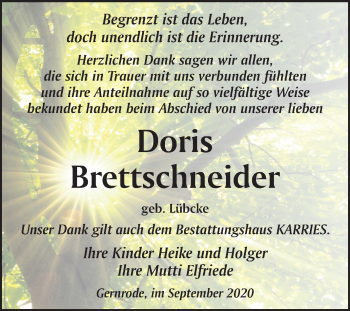 Traueranzeige von Doris Brettschneider von Mitteldeutsche Zeitung Quedlinburg
