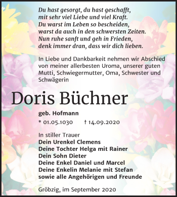 Traueranzeige von Doris Büchner von Mitteldeutsche Zeitung Köthen