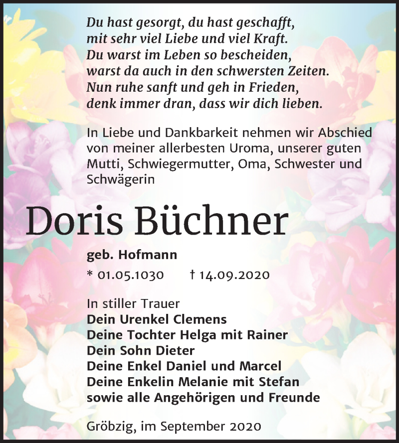  Traueranzeige für Doris Büchner vom 26.09.2020 aus Mitteldeutsche Zeitung Köthen