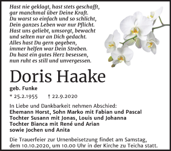Traueranzeige von Doris Haake von Mitteldeutsche Zeitung Halle/Saalkreis