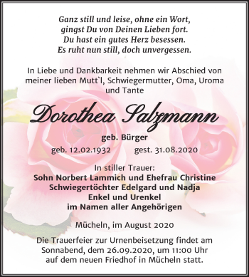 Traueranzeige von Dorothea Salzmann von Super Sonntag Merseburg/Querfurt