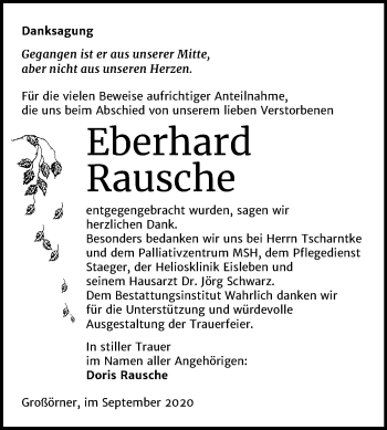 Traueranzeige von Eberhard Rausche von Super Sonntag Mansfelder Land