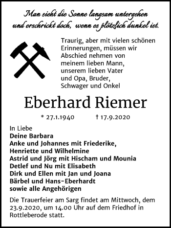 Traueranzeige von Eberhard Riemer von Mitteldeutsche Zeitung Sangerhausen