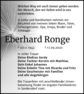 Traueranzeige von Eberhard Ronge von Mitteldeutsche Zeitung Bitterfeld