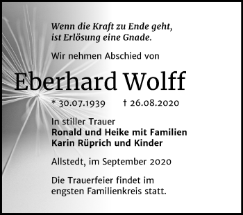 Traueranzeige von Eberhard Wolff von Mitteldeutsche Zeitung Sangerhausen