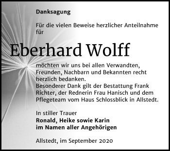 Traueranzeige von Eberhard Wolff von Mitteldeutsche Zeitung Sangerhausen