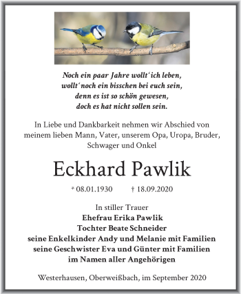 Traueranzeige von Eckhard Pawlik von Mitteldeutsche Zeitung Quedlinburg