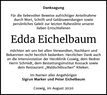 Traueranzeige von Edda Eichelbaum von Mitteldeutsche Zeitung Wittenberg