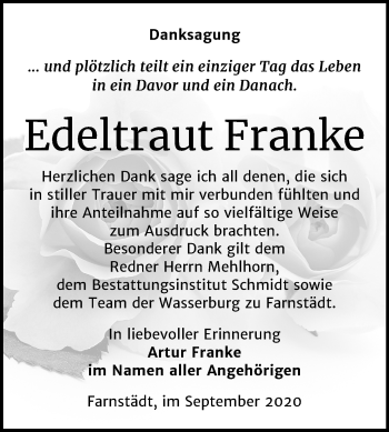 Traueranzeige von Edeltraut Franke von Wochenspiegel Merseburg/Querfurt