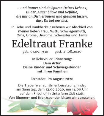 Traueranzeige von Edeltraut Franke von Wochenspiegel Merseburg/Querfurt