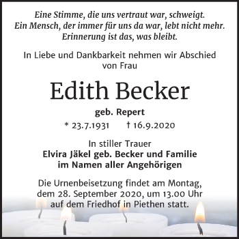 Traueranzeige von Edith Becker von Mitteldeutsche Zeitung Köthen