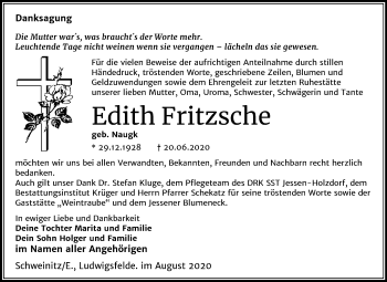 Traueranzeige von Edith Fritzsche von Mitteldeutsche Zeitung Wittenberg