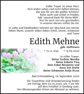 Traueranzeige von Edith Mehne von Super Sonntag Wittenberg