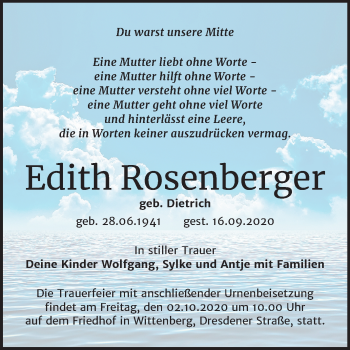 Traueranzeige von Edith Rosenberger von Super Sonntag Wittenberg