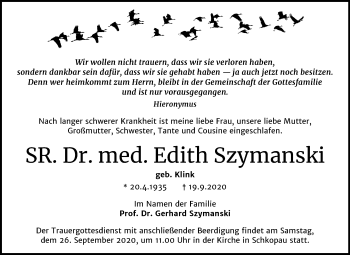 Traueranzeige von Edith Szymanski von Super Sonntag Merseburg/Querfurt