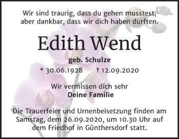 Traueranzeige von Edith Wend von Super Sonntag Merseburg/Querfurt